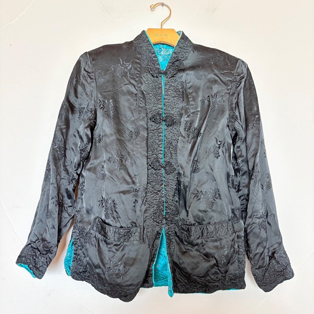 Vintage Reversible Satin Chinese Jacket Teal Black Embroidered Frog‎ Buttons - Picture 5 of 16